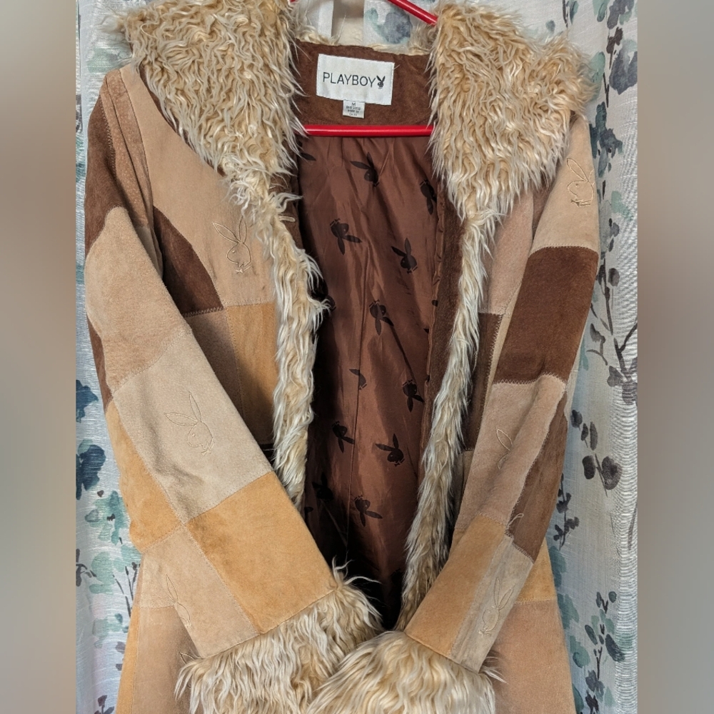 Women’s Patchwork Suede Coat with Faux Fur Trim - Taupe & Brown - Picture 3 of 12